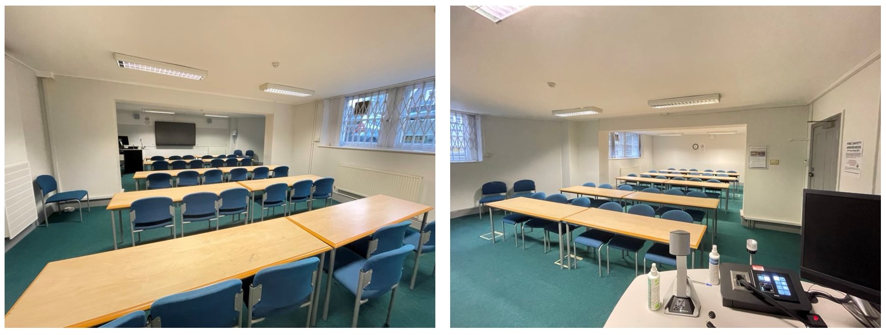 Classroom with rows of tables and chairs.